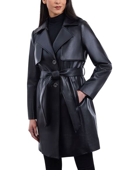 michael michael kors women's belted faux-leather trench coat|Michael Kors denim trench coat.